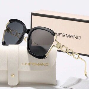 LINFEMAND Classic Frame Gold Chain Arm Design Sunglasses-Black or Brown, New